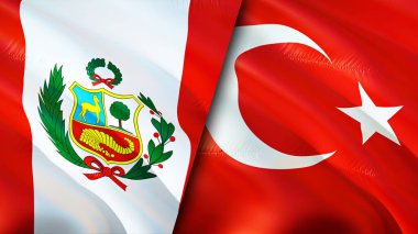 Peru ve Hindi bayrakları. 3 boyutlu dalgalanan bayrak tasarımı. Peru hindi bayrağı, resim, duvar kağıdı. Peru, Türkiye 'ye karşı imajı, 3D görüntüleme. Peru Türkiye ilişkileri ittifak ve ticaret, seyahat, turizm konsepti