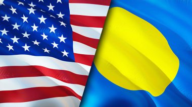 ABD ve Palau bayrakları. 3 boyutlu dalgalanan bayrak tasarımı. USA Palau bayrağı, resim, duvar kağıdı. ABD, Palau 'ya karşı, görüntü 3 boyutlu. ABD Palau ilişkileri ittifak ve ticaret, seyahat, turizm konsepti