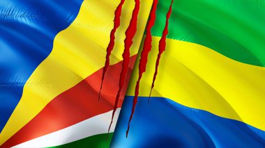 Seyşeller ve Gabon bayrakları yara izi konseptiyle. Dalgalanan bayrak, 3 boyutlu görüntüleme. Seyşeller ve Gabon çatışma konsepti. Seyşeller Gabon ilişkileri konsepti. Seyşel bayrağı ve Gabon krizi, savaş, attac