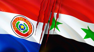 Paraguay ve Suriye bayraklarında yara izi var. Dalgalanan bayrak, 3 boyutlu görüntüleme. Paraguay ve Suriye çatışma konsepti. Paraguay Suriye ilişkileri kavramı. Paraguay ve Suriye bayrağı krizi, savaş, saldırı konsepti