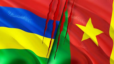 Mauritius ve Kamerun yara izi olan bayraklar. Dalgalanan bayrak, 3 boyutlu görüntüleme. Mauritius ve Kamerun çatışma konsepti. Mauritius Kamerun ilişkileri konsepti. Mauritius bayrağı ve Kamerun krizi, savaş