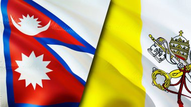 Nepal ve Vatikan bayrakları. 3 boyutlu dalgalanan bayrak tasarımı. Nepal Vatikan bayrağı, resim, duvar kağıdı. Nepal, Vatikan 'a karşı, görüntü 3 boyutlu. Nepal Vatikan ilişkileri ittifak ve ticaret, seyahat, turizm konsepti