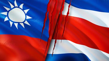 Yara izi olan Tayvan ve Kosta Rika bayrakları. Dalgalanan bayrak, 3 boyutlu görüntüleme. Tayvan ve Kosta Rika çatışma konsepti. Tayvan Kosta Rika ilişkileri kavramı. Tayvan bayrağı ve Kosta Rika krizi, savaş, attac