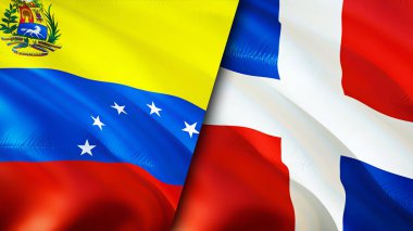Venezuela ve Dominik Cumhuriyeti bayrakları. 3 boyutlu dalgalanan bayrak tasarımı. Venezuela Dominik Cumhuriyeti bayrağı, resim, duvar kağıdı. Venezuela, Dominik Cumhuriyeti imajına karşı, 3 boyutlu canlandırma. Venezuela Dominikli