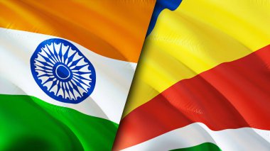 Hindistan ve Seyşeller bayrakları. 3 boyutlu dalgalanan bayrak tasarımı. Hindistan Seyşeller bayrağı, resim, duvar kağıdı. Hindistan, Seyşeller 'in 3D görüntüsüne karşı. Hindistan Seyşeller ilişkileri ittifak ve ticaret, seyahat, turnuva