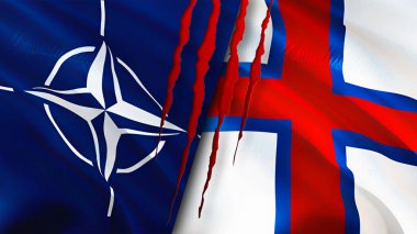 NATO ve Faroe Adaları yara izi konseptine sahip bayraklar. Dalgalanan bayrak, 3 boyutlu görüntüleme. Faroe Adaları ve NATO çatışma konsepti. NATO Faroe Adaları ilişkileri kavramı. NATO ve Faroe Adaları bayrağı krizi, savaş