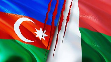 Yara izi olan Azerbaycan ve Madagaskar bayrakları. Dalgalanan bayrak, 3 boyutlu görüntüleme. Azerbaycan ve Madagaskar çatışma konsepti. Azerbaycan Madagaskar ilişkileri kavramı. Azerbaycan ve Madagasca bayrağı