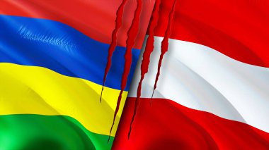 Mauritius ve Avusturya yara izi kavramına sahip bayraklar. Dalgalanan bayrak, 3 boyutlu görüntüleme. Mauritius ve Avusturya çatışma konsepti. Mauritius Avusturya ilişkileri kavramı. Mauritius bayrağı ve Avusturya krizi, savaş, attac