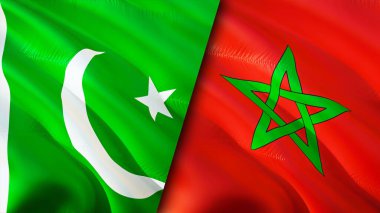Pakistan ve Fas bayrakları. 3 boyutlu dalgalanan bayrak tasarımı. Pakistan Fas bayrağı, resim, duvar kağıdı. Pakistan, Fas 'a karşı, görüntü 3 boyutlu. Pakistan Fas ilişkileri ittifak ve ticaret, seyahat, turnuva
