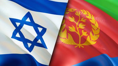 İsrail ve Eritre bayrakları. 3 boyutlu dalgalanan bayrak tasarımı. İsrail Eritre bayrağı, resim, duvar kağıdı. İsrail, Eritre 'ye karşı, görüntü 3 boyutlu. İsrail Eritre ilişkileri ittifak ve ticaret, seyahat, turizm konsepti