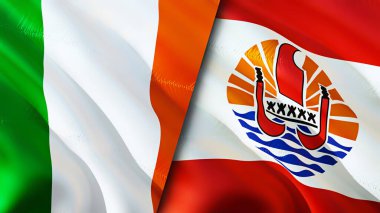 İrlanda ve Fransız Polinezyası bayrakları. 3 boyutlu dalgalanan bayrak tasarımı. İrlanda Fransız Polinezya bayrağı, resim, duvar kağıdı. İrlanda, Fransız Polinezyası 'na karşı, görüntü 3 boyutlu. İrlanda Fransız Polinezyası ilişkileri