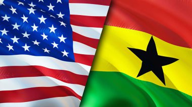 ABD ve Gana bayrakları. 3 boyutlu dalgalanan bayrak tasarımı. ABD Gana bayrağı, resim, duvar kağıdı. ABD, Gana 'ya karşı, görüntü 3 boyutlu. ABD Gana ilişkileri ittifak ve ticaret, seyahat, turizm konsepti