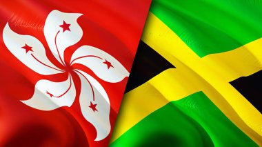 Hong Kong ve Jamaika bayrakları. 3 boyutlu dalgalanan bayrak tasarımı. Hong Kong Jamaika bayrağı, resim, duvar kağıdı. Hong Kong, Jamaika imajına karşı, 3D görüntüleme. Hong Kong Jamaika ilişkileri ittifak ve ticaret, seyahat, turnuva