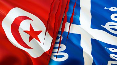 Yara izi olan Tunus ve Martinique bayrakları. Dalgalanan bayrak, 3 boyutlu görüntüleme. Tunus ve Martinik çatışma konsepti. Tunus Martinik ilişkileri konsepti. Tunus bayrağı ve Martinik krizi, savaş