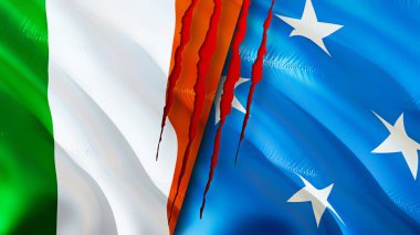 İrlanda ve Mikronezya yara izi olan bayraklar. 3D bayrak sallama. İrlanda ve Mikronezya çatışma konsepti. İrlanda Mikronezya ilişkileri konsepti. İrlanda bayrağı ve Mikronezya krizi, savaş