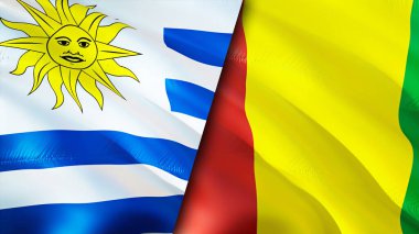 Uruguay ve Gine bayrakları. 3 boyutlu dalgalanan bayrak tasarımı. Uruguay Gine bayrağı, resim, duvar kağıdı. Uruguay vs Gine imajı, 3D görüntüleme. Uruguay Gine ilişkileri ittifak ve ticaret, seyahat, turizm konsepti