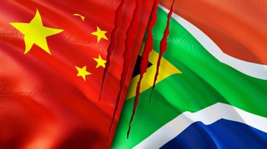 Yara izi olan Çin ve Güney Afrika bayrakları. Dalgalanan bayrak, 3 boyutlu görüntüleme. Çin ve Güney Afrika çatışma konsepti. Çin Güney Afrika ilişkileri kavramı. Çin ve Güney Afrika bayrağı krizi, savaş