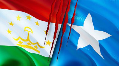 Tacikistan ve Somali bayraklarında yara izi var. Dalgalanan bayrak, 3 boyutlu görüntüleme. Tacikistan ve Somali çatışma konsepti. Tacikistan Somali ilişkileri kavramı. Tacikistan bayrağı ve Somali krizi, savaş
