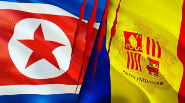 Kuzey Kore ve Andorra bayraklarında yara izi var. Dalgalanan bayrak, 3 boyutlu görüntüleme. Kuzey Kore ve Andorra çatışma konsepti. Kuzey Kore Andorra ilişkileri kavramı. Kuzey Kore ve Andorr bayrağı