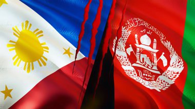 Yara izi olan Filipinler ve Afganistan bayrakları. Dalgalanan bayrak, 3 boyutlu görüntüleme. Filipinler ve Afganistan çatışma konsepti. Filipinler Afganistan ilişkileri konsepti. Filipinler bayrağı