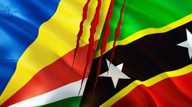 Seyşeller, Saint Kitts ve yara izi olan Nevis bayrakları. Dalgalanan bayrak, 3 boyutlu görüntüleme. Seyşeller, Saint Kitts ve Nevis çatışma konsepti. Seyşeller Saint Kitts ve Nevis ilişkileri kavramı