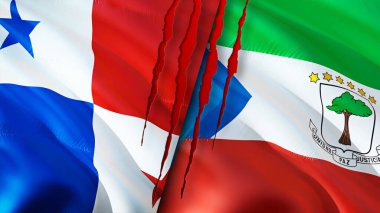 Panama ve Ekvator Gine bayrakları ve yara izi konsepti. Dalgalanan bayrak, 3 boyutlu görüntüleme. Panama ve Ekvator Ginesi çatışma konsepti. Panama Ekvator Gine ilişkileri konsepti. Panama bayrağı