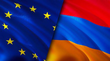 Avrupa Birliği ve Ermenistan bayrakları. 3 boyutlu dalgalanan bayrak tasarımı. Avrupa Birliği Ermeni bayrağı, resim, duvar kağıdı. Avrupa Birliği, Ermenistan imajına karşı, 3D görüntüleme. Avrupa Birliği Ermenistan ilişkileri ittifakı