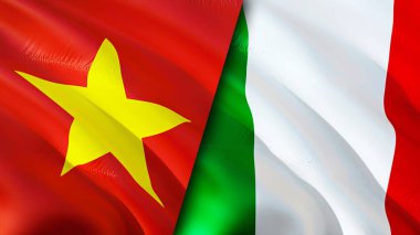 Vietnam ve İtalya yara izi olan bayraklar. Dalgalanan bayrak, 3 boyutlu görüntüleme. Vietnam ve İtalya çatışma konsepti. Vietnam İtalya ilişkileri kavramı. Vietnam bayrağı ve İtalya krizi, savaş, saldırı konsepti