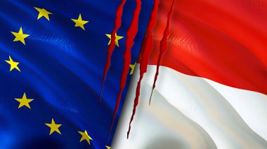Yara izi olan Avrupa Birliği ve Endonezya bayrakları. Dalgalanan bayrak, 3 boyutlu görüntüleme. Avrupa Birliği ve Endonezya çatışma konsepti. Avrupa Birliği Endonezya ilişkileri kavramı. Avrupa Birliği bayrağı