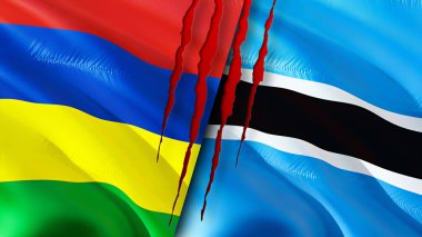 Mauritius ve Botswana bayraklarında yara izi var. Dalgalanan bayrak, 3 boyutlu görüntüleme. Mauritius ve Botswana çatışma konsepti. Mauritius Botswana ilişkileri kavramı. Mauritius bayrağı ve Botswana krizi, savaş