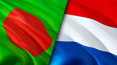 Bangladeş ve Hollanda bayrakları. 3 boyutlu dalgalanan bayrak tasarımı. Bangladeş Hollanda bayrağı, resim, duvar kağıdı. Bangladeş, Hollanda 'ya karşı, görüntü 3D. Bangladeş Hollanda İlişkiler İttifakı