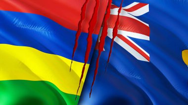 Mauritius ve Saint Helena bayrakları yara izi konseptiyle. Dalgalanan bayrak, 3 boyutlu görüntüleme. Mauritius ve Saint Helena çatışma konsepti. Mauritius Saint Helena ilişkileri kavramı. Mauritius ve Sain bayrağı