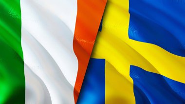 İrlanda ve İsveç bayrakları. 3 boyutlu dalgalanan bayrak tasarımı. İrlanda bayrağı, resim, duvar kağıdı. İrlanda, İsveç imajına karşı, 3D görüntüleme. İrlanda İsveç savaş ittifakı kavramı. Ticaret ve turizm kavramı.