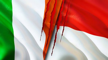 İrlanda ve Endonezya bayrakları ve yara izi konsepti. 3D bayrak sallama. İrlanda ve Endonezya çatışma konsepti. İrlanda Endonezya ilişkileri kavramı. İrlanda bayrağı ve Endonezya krizi, savaş, attac