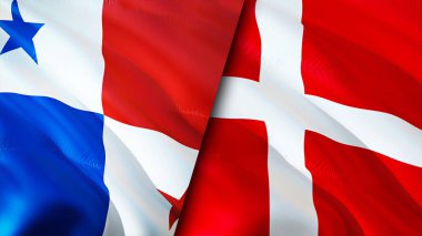 Panama ve Danimarka bayrakları. 3 boyutlu dalgalanan bayrak tasarımı. Panama Danimarka bayrağı, resim, duvar kağıdı. Panama, Danimarka imajına karşı, 3D görüntüleme. Panama Danimarka ilişkileri ittifak ve ticaret, seyahat, turizm konsepti