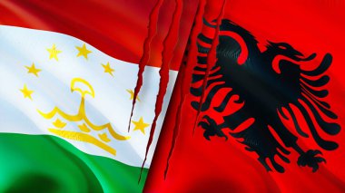 Tacikistan ve Arnavutluk yara izi kavramına bayrak dikti. Dalgalanan bayrak, 3 boyutlu görüntüleme. Tacikistan ve Arnavutluk ihtilaf konsepti. Tacikistan Arnavutluk ilişkileri kavramı. Tacikistan bayrağı ve Arnavutluk krizi, savaş