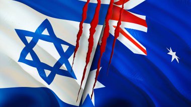 İsrail ve Avustralya yara izi kavramına sahip bayraklar. Dalgalanan bayrak, 3 boyutlu görüntüleme. İsrail ve Avustralya çatışma konsepti. İsrail Avustralya ilişkileri kavramı. İsrail bayrağı ve Avustralya krizi, savaş, attac