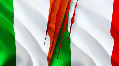 İrlanda ve İtalya yara izi olan bayraklar. 3D bayrak sallama. İrlanda ve İtalya çatışma konsepti. İrlanda İtalya ilişkileri kavramı. İrlanda ve İtalya bayrağı kriz, savaş, saldırı konsepti