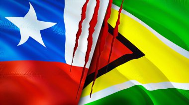 Şili ve Guyana bayrakları ve yara izi konsepti. Dalgalanan bayrak, 3 boyutlu görüntüleme. Şili ve Guyana çatışma konsepti. Şili Guyana ilişkileri kavramı. Şili ve Guyana bayrağı krizi, savaş, saldırı konsepti