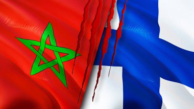 Fas ve Finlandiya yara izi kavramına sahip bayraklar. Dalgalanan bayrak, 3 boyutlu görüntüleme. Fas ve Finlandiya çatışma konsepti. Fas-Finlandiya ilişkileri kavramı. Fas ve Finlandiya bayrağı krizi, savaş, saldırı konsepti