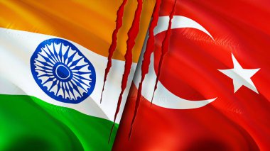 Yara izi olan Hindistan ve Türkiye bayrakları. Dalgalanan bayrak, 3 boyutlu görüntüleme. Hindistan ve Türkiye çatışma konsepti. Hindistan Türkiye ilişkileri kavramı. Hindistan ve Türkiye bayrağı krizi, savaş, saldırı konsepti