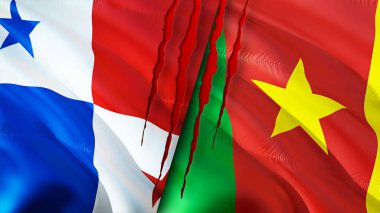 Yara izi olan Panama ve Kamerun bayrakları. Dalgalanan bayrak, 3 boyutlu görüntüleme. Panama ve Kamerun çatışma konsepti. Panama Kamerun ilişkileri konsepti. Panama ve Kamerun bayrağı krizi, savaş, saldırı konsepti