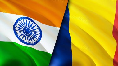Hindistan ve Çad bayrakları. 3 boyutlu dalgalanan bayrak tasarımı. Hindistan Çad bayrağı, resim, duvar kağıdı. Hindistan, Chad 'e karşı, görüntü 3 boyutlu. Hindistan Çad ilişkileri ittifak ve ticaret, seyahat, turizm konsepti