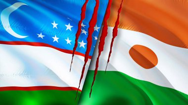 Yara izi olan Özbekistan ve Nijer bayrakları. Dalgalanan bayrak, 3 boyutlu görüntüleme. Özbekistan ve Nijer çatışması kavramı. Özbekistan Nijer ilişkileri kavramı. Özbekistan ve Nijer bayrağı krizi, savaş, attac