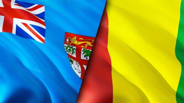 Fiji ve Gine bayrakları. 3 boyutlu dalgalanan bayrak tasarımı. Fiji Gine bayrağı, resim, duvar kağıdı. Fiji vs Gine imajı, 3D görüntüleme. Fiji Gine ilişkileri ittifak ve ticaret, seyahat, turizm konsepti