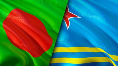 Bangladeş ve Aruba bayrakları. 3 boyutlu dalgalanan bayrak tasarımı. Bangladeş Aruba bayrağı, resim, duvar kağıdı. Bangladeş, Aruba 'ya karşı, 3 boyutlu görüntüleme. Bangladeş Aruba ilişkileri ittifak ve ticaret, seyahat, turnuva