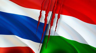 Yara izi olan Tayland ve Macaristan bayrakları. Dalgalanan bayrak, 3 boyutlu görüntüleme. Tayland ve Macaristan çatışma konsepti. Tayland Macaristan ilişkileri kavramı. Tayland ve Macaristan bayrağı krizi, savaş, attac