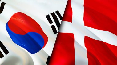 Güney Kore ve Danimarka bayrakları. 3 boyutlu dalgalanan bayrak tasarımı. Güney Kore bayrağı, resim, duvar kağıdı. Güney Kore, Danimarka imajına karşı, 3D görüntüleme. Güney Kore Danimarka ilişkileri bir ittifak