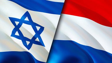 İsrail ve Hollanda bayrakları. 3 boyutlu dalgalanan bayrak tasarımı. İsrail Hollanda bayrağı, resim, duvar kağıdı. İsrail, Hollanda 'ya karşı, görüntü 3D. İsrail Hollanda ilişkileri bir ittifak