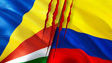 Yara izi olan Seyşeller ve Kolombiya bayrakları. Dalgalanan bayrak, 3 boyutlu görüntüleme. Seyşeller ve Kolombiya çatışma konsepti. Seyşeller Kolombiya ilişkileri kavramı. Seyşeller ve Kolombiya bayrağı